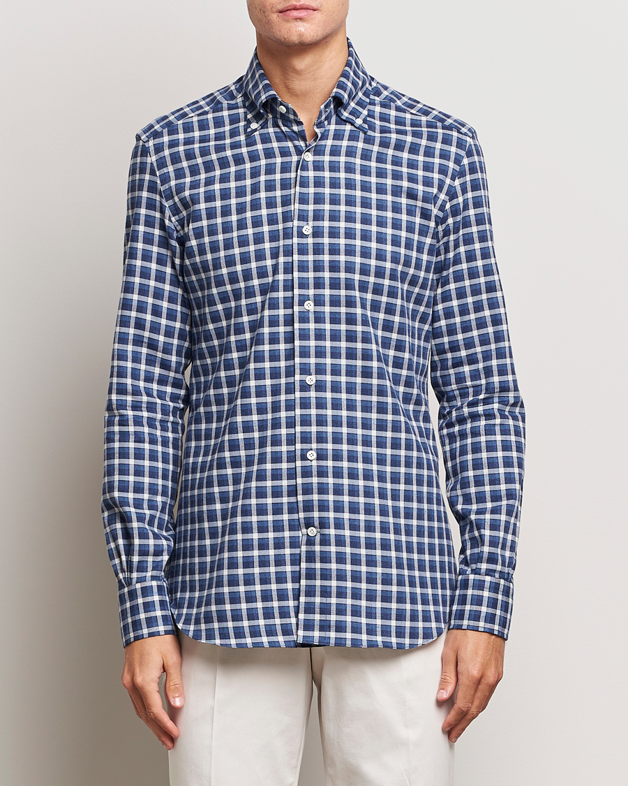 Uomini | Camicie | Mazzarelli | Soft Button Down Flannel Shirt Dark Blue