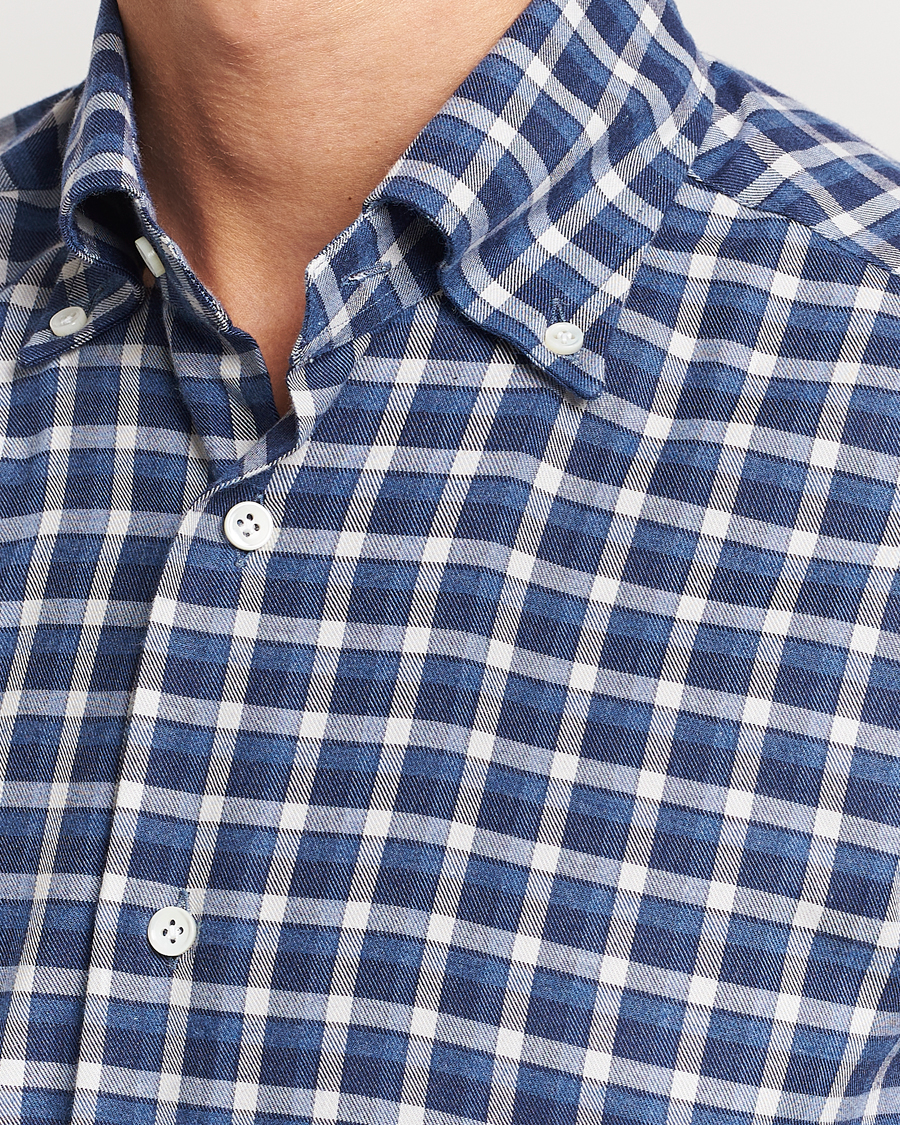 Uomini | Camicie | Mazzarelli | Soft Button Down Flannel Shirt Dark Blue