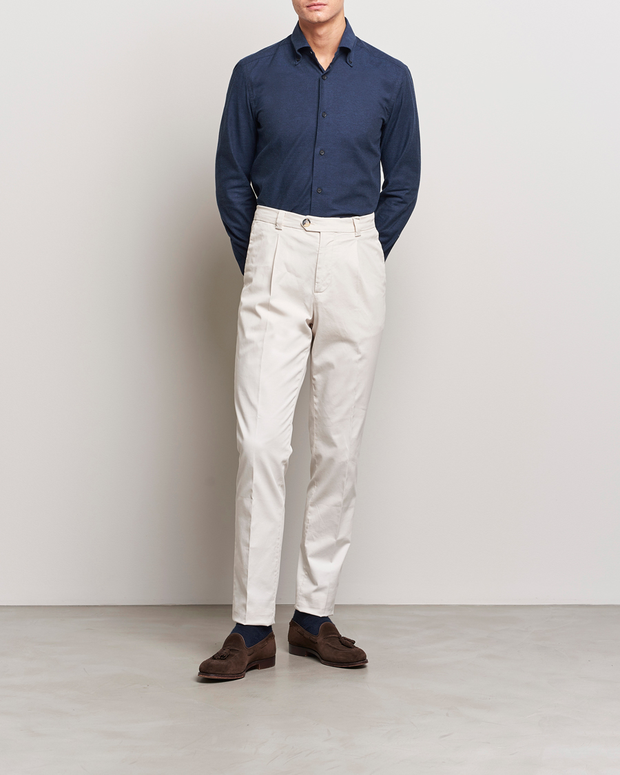 Uomini | Camicie | Mazzarelli | Soft Button Down Flannel Shirt Navy