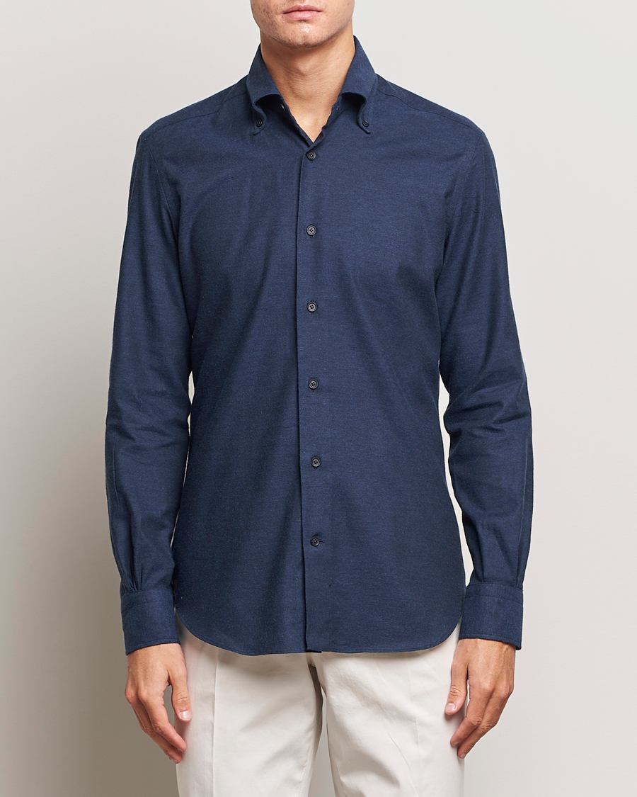 Uomini | Camicie | Mazzarelli | Soft Button Down Flannel Shirt Navy