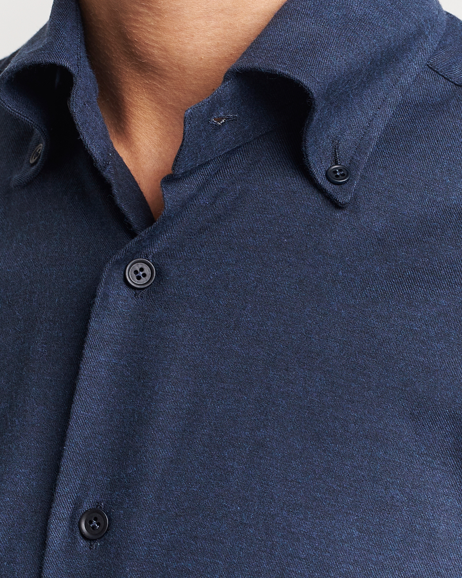 Uomini | Camicie | Mazzarelli | Soft Button Down Flannel Shirt Navy