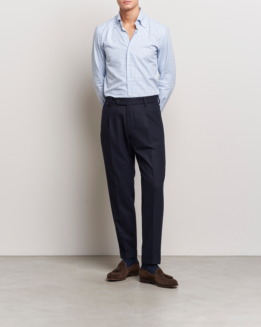 Uomini | Camicie | Mazzarelli | Soft Button Down Flannel Shirt Light Blue
