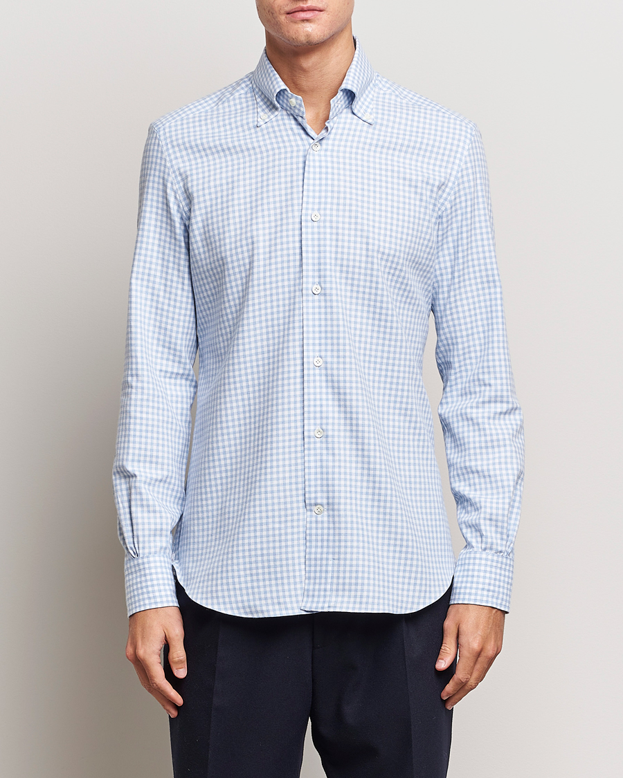 Uomini | Camicie | Mazzarelli | Soft Button Down Flannel Shirt Light Blue