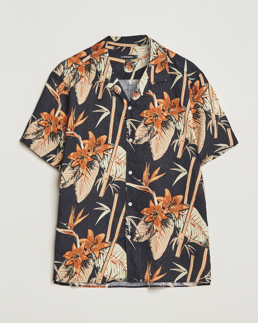 Uomini | Camicie | J.Lindeberg | Elio Tropical Print Short Sleeve Shirt Navy
