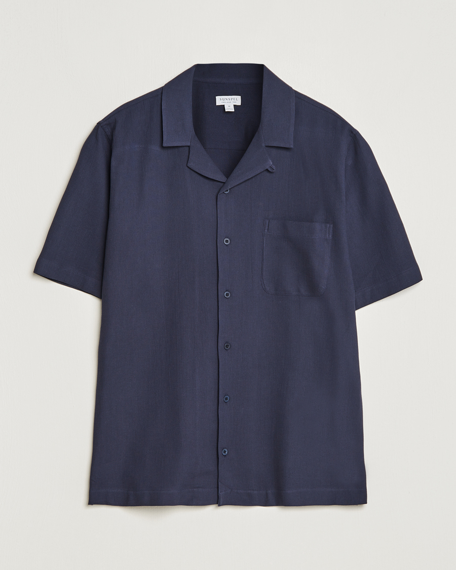 Uomini | Camicie | Sunspel | Waffle Camp Collar Shirt Navy