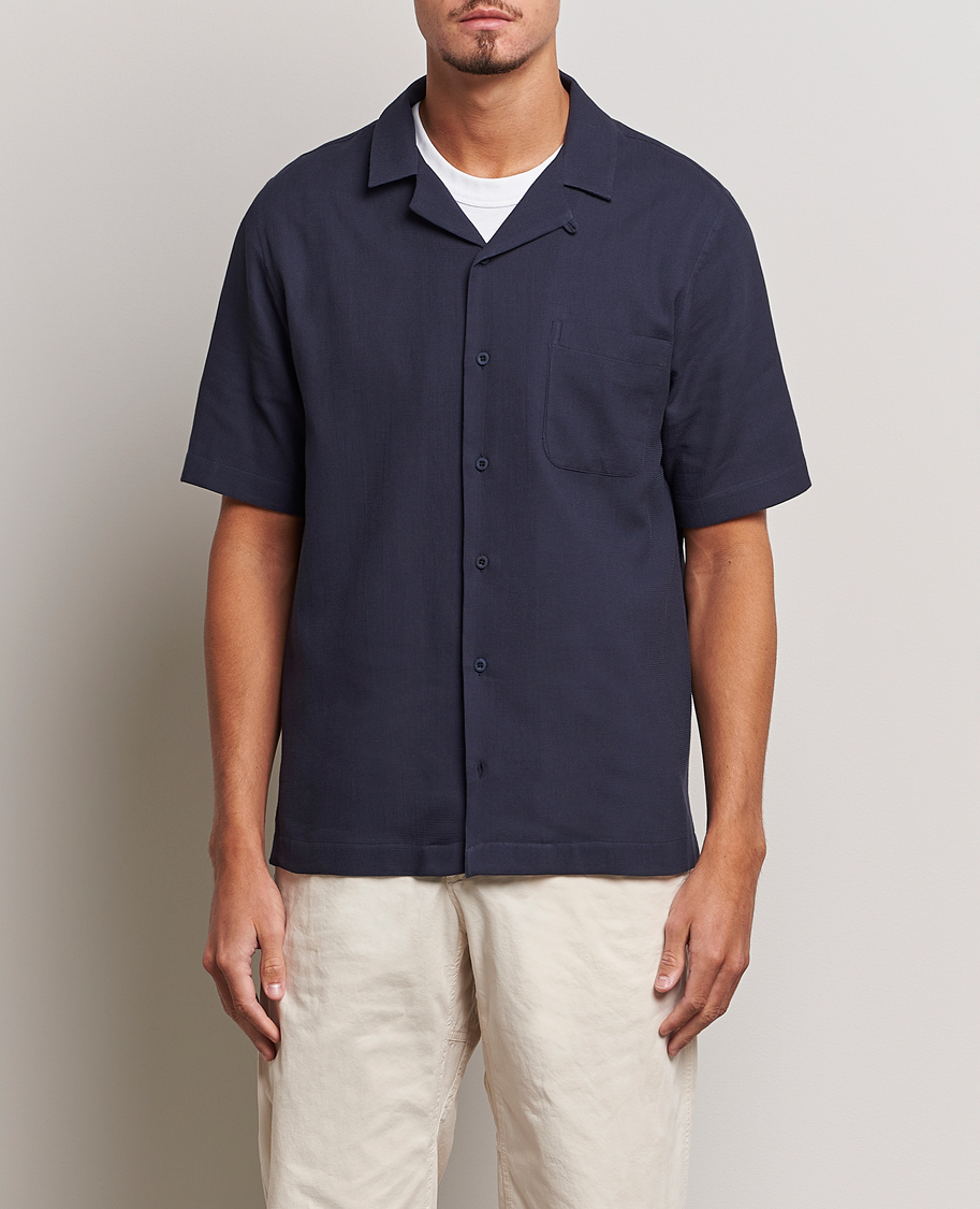 Uomini | Camicie | Sunspel | Waffle Camp Collar Shirt Navy