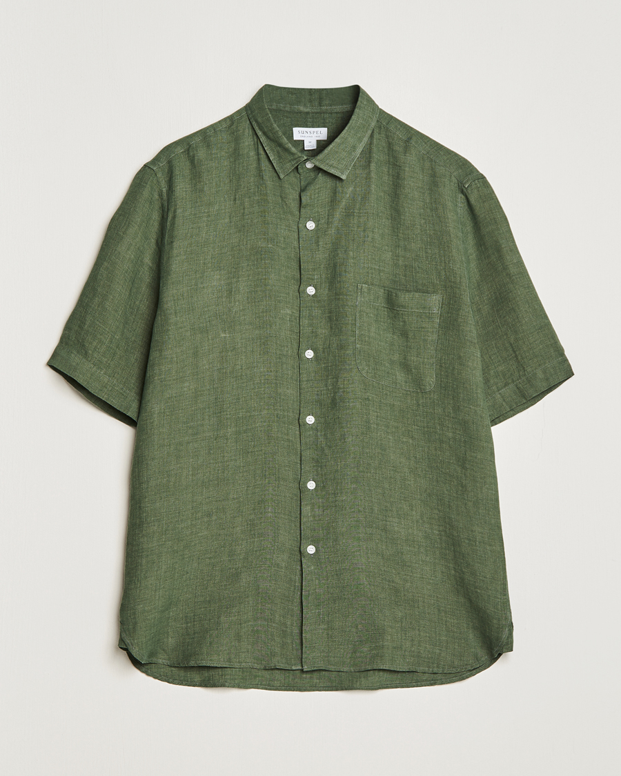 Uomini | Camicie | Sunspel | Short Sleeve Linen Shirt Hunter Green