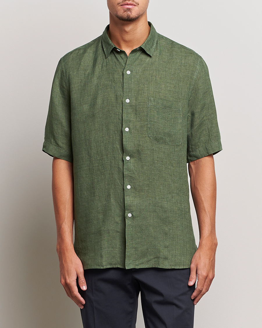 Uomini | Camicie | Sunspel | Short Sleeve Linen Shirt Hunter Green