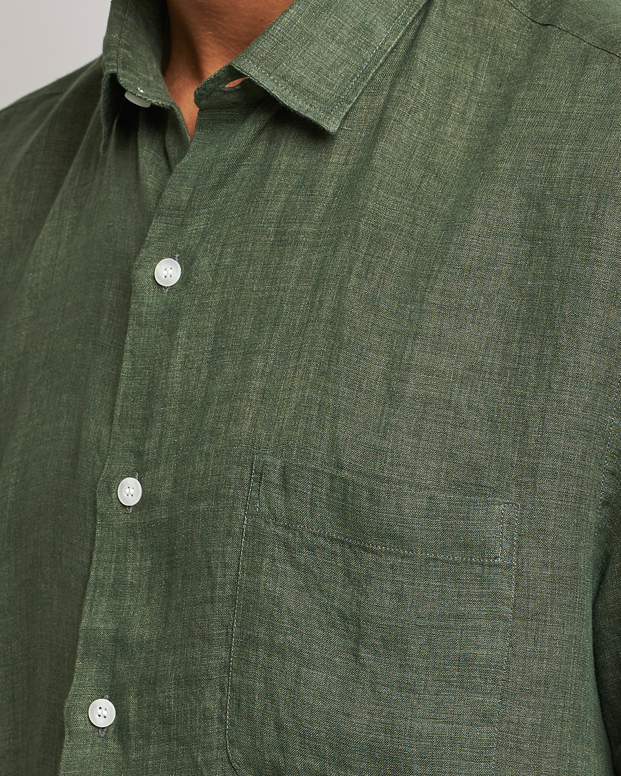 Uomini | Camicie | Sunspel | Short Sleeve Linen Shirt Hunter Green