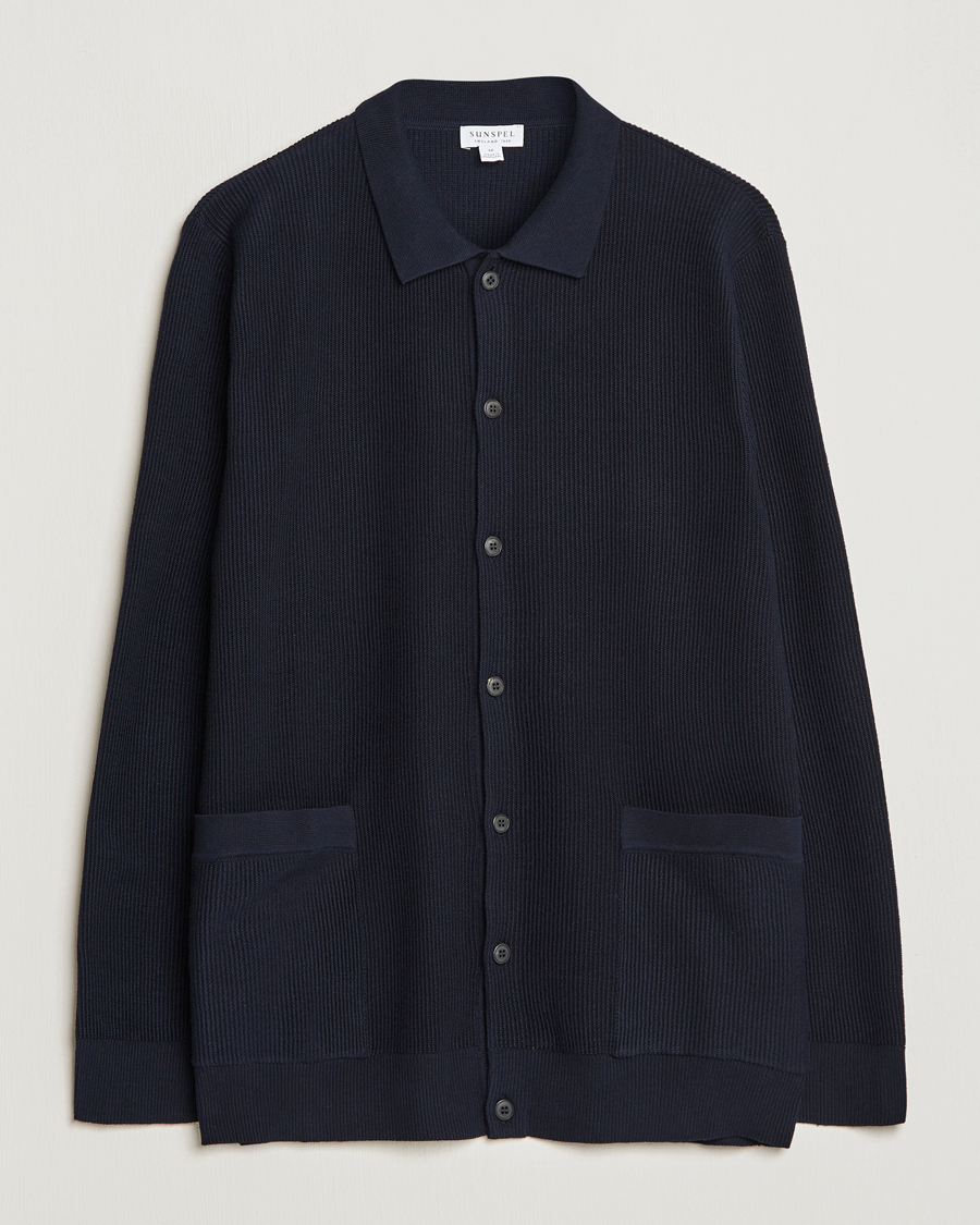 Uomini | Maglieria | Sunspel | Long Staple Cotton Knitted Jacket Navy