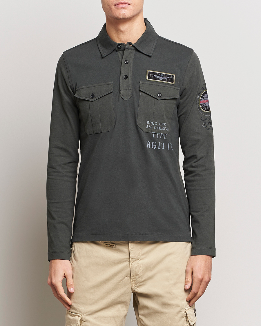 Uomini | Maglieria | Aeronautica Militare | Pocket Long Sleeve Polo Dark Green