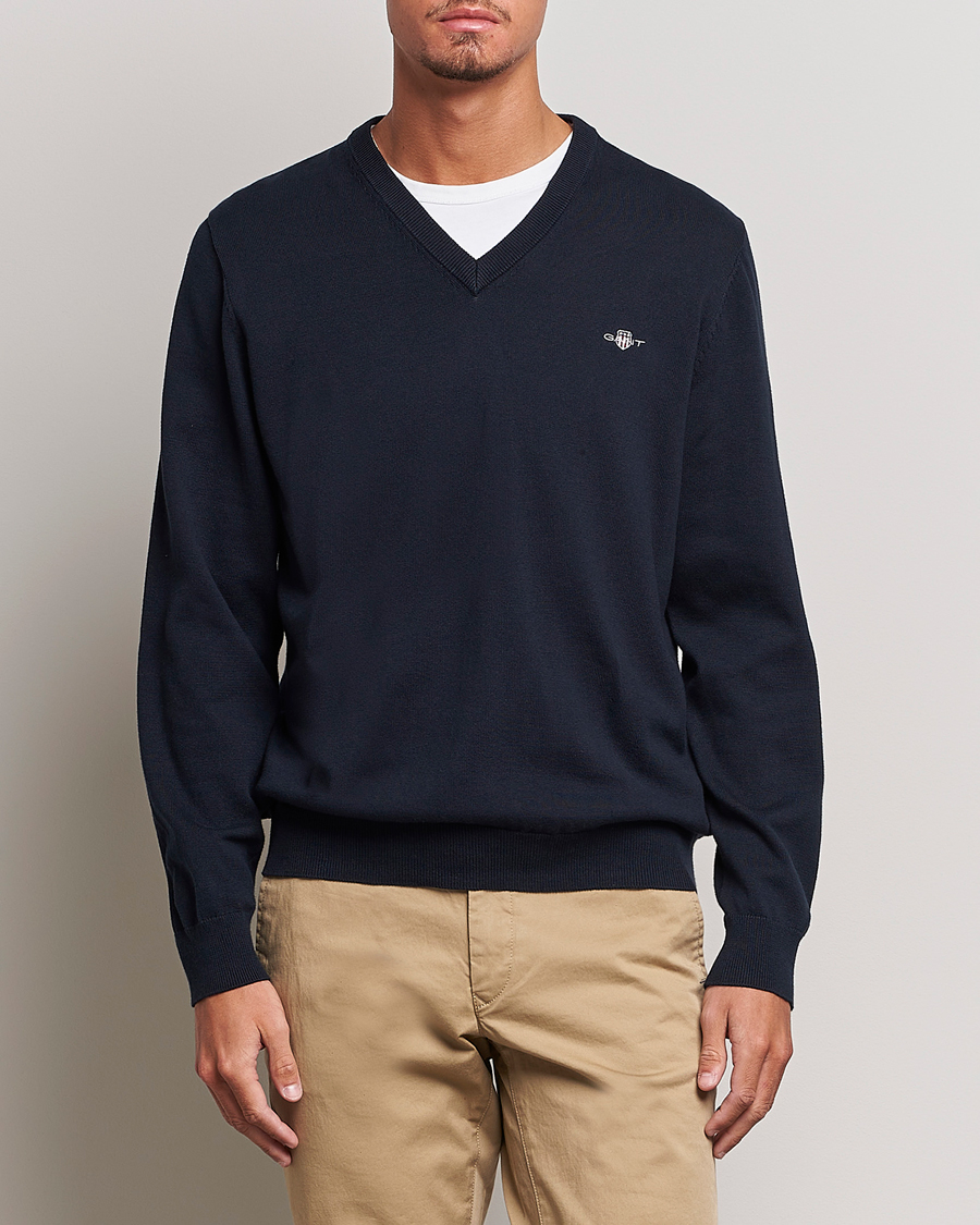 Uomini | Maglieria | Gant | Classic Cotton V-Neck Evening Blue