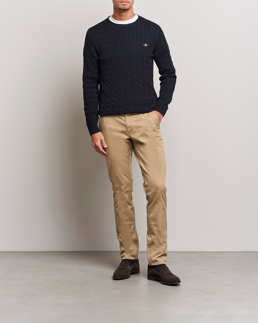 Uomini | Maglieria | Gant | Cotton Cable Crew Neck Evening Blue