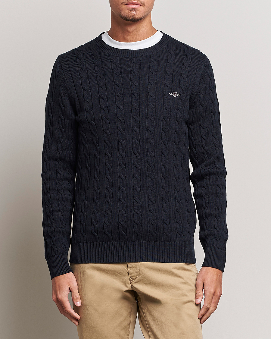 Uomini | Maglieria | Gant | Cotton Cable Crew Neck Evening Blue
