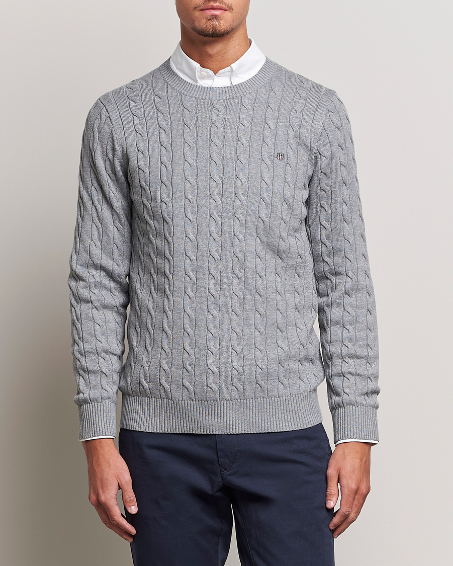 Uomini | Maglieria | Gant | Cotton Cable Crew Neck Grey Melange