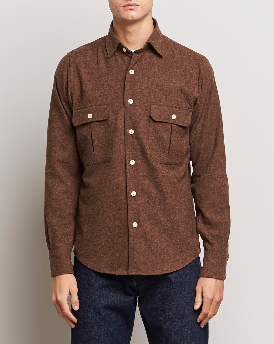 Uomini | Camicie | Drake's | Merino Wool Work Shirt Brown
