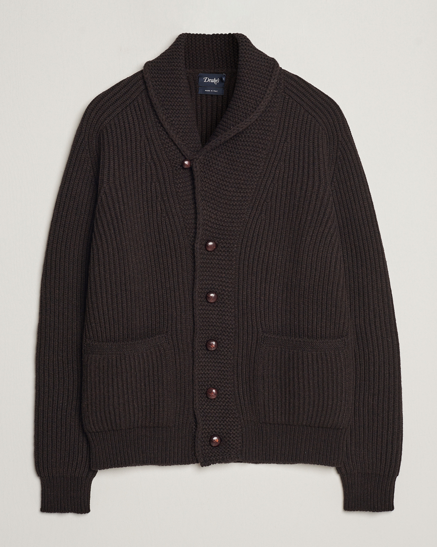 Uomini | Maglieria | Drake's | Lambswool 6-Ply Shawl Collar Cardigan Brown