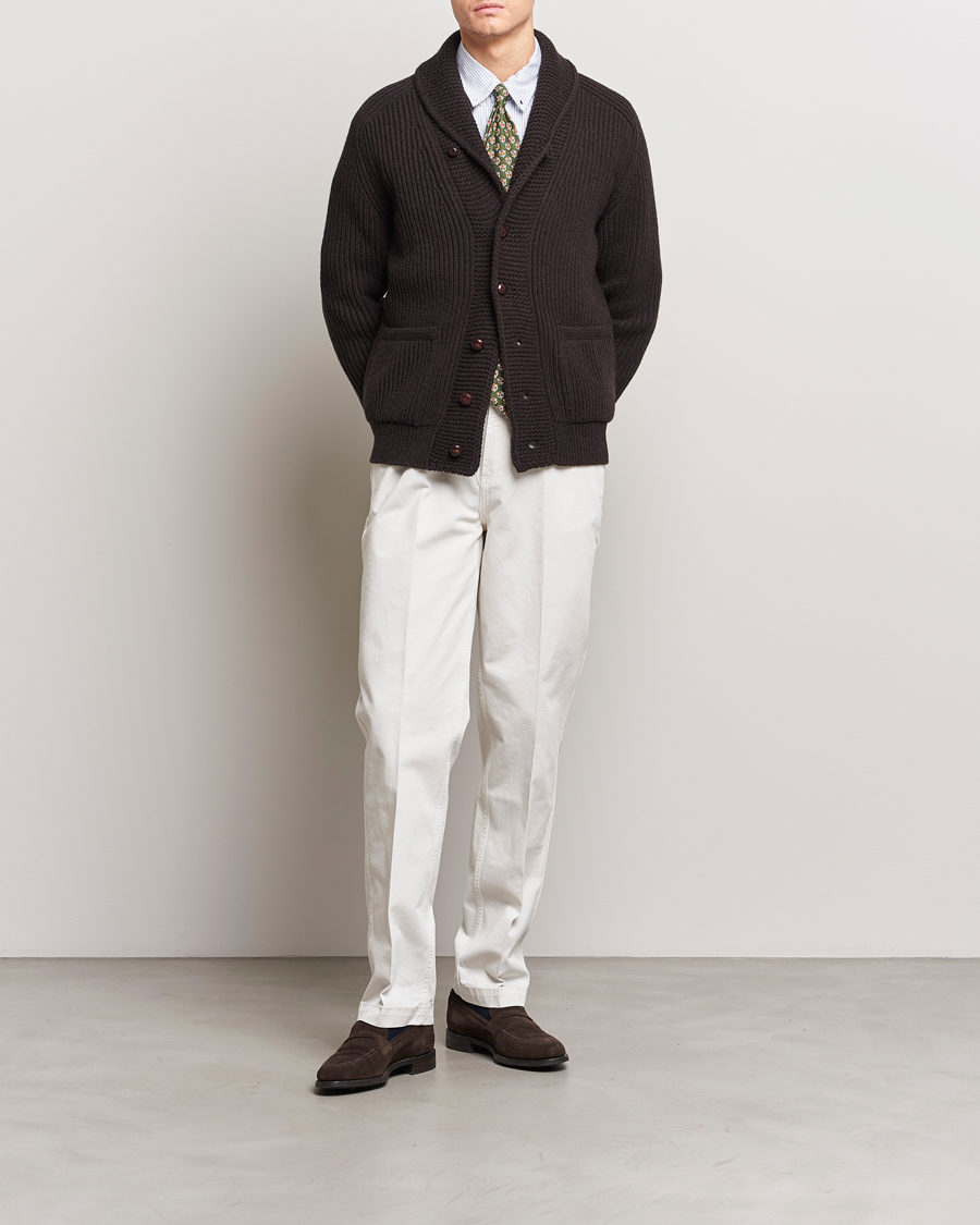 Uomini | Maglieria | Drake's | Lambswool 6-Ply Shawl Collar Cardigan Brown