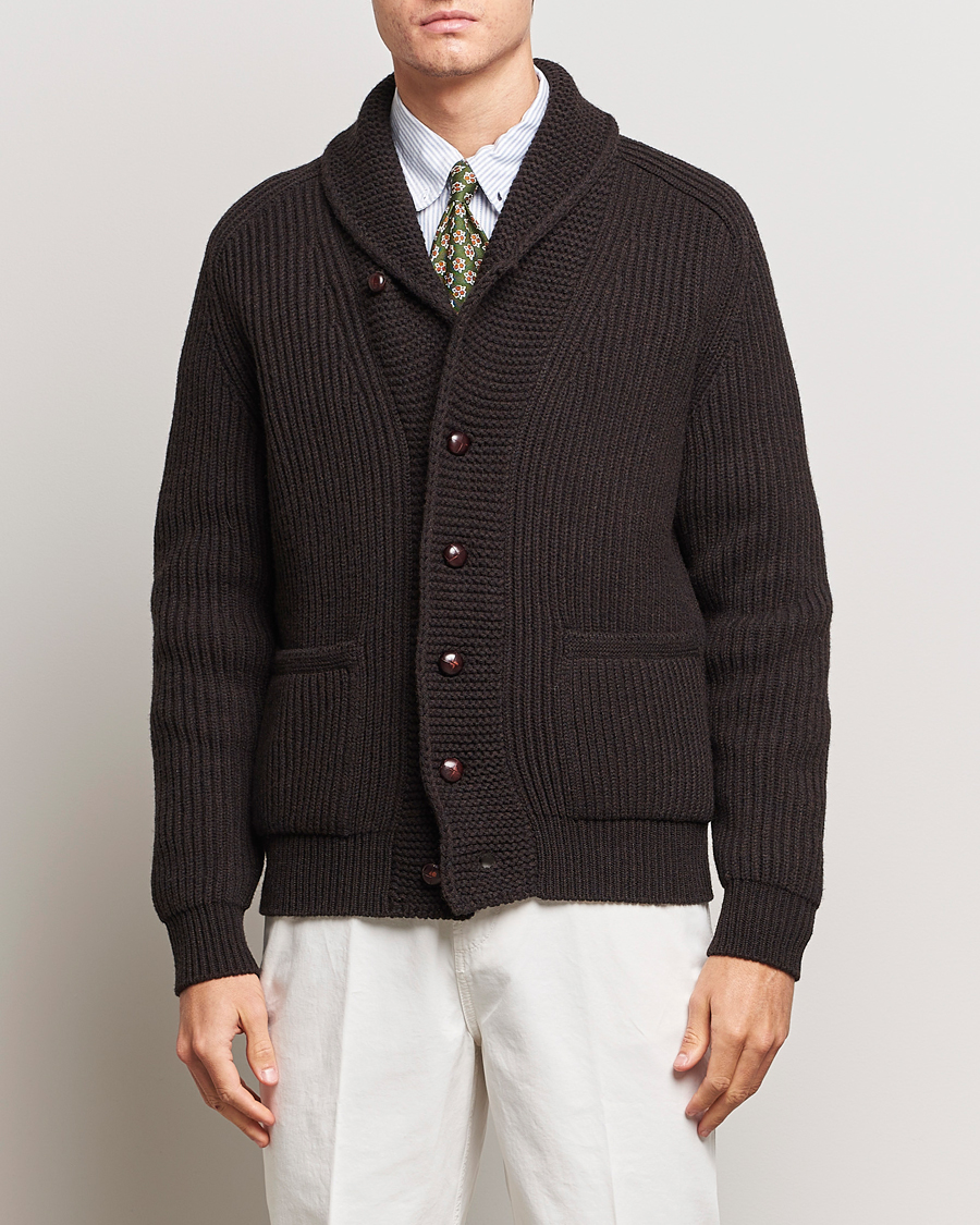 Uomini | Maglieria | Drake's | Lambswool 6-Ply Shawl Collar Cardigan Brown