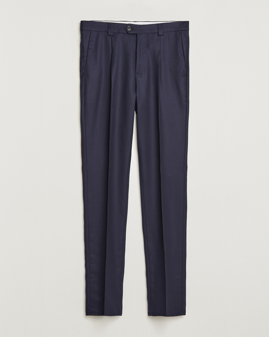 Uomini | Pantaloni | Brunello Cucinelli | Slim Fit Pleated Flannel Trousers Navy