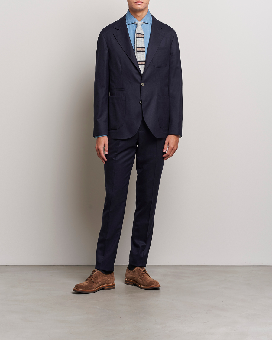 Uomini | Pantaloni | Brunello Cucinelli | Slim Fit Pleated Flannel Trousers Navy