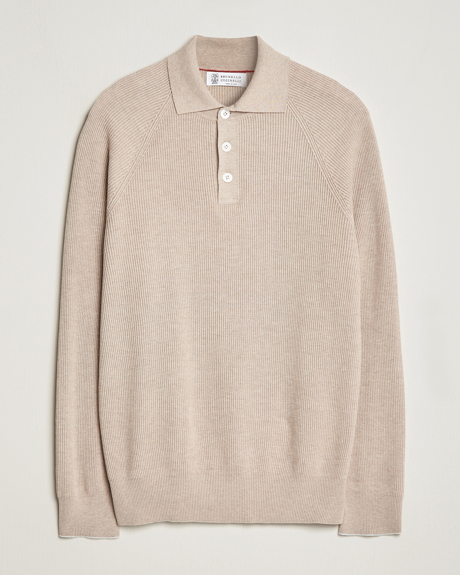 Uomini | Maglieria | Brunello Cucinelli | Long Sleeve Knitted Polo Light Beige