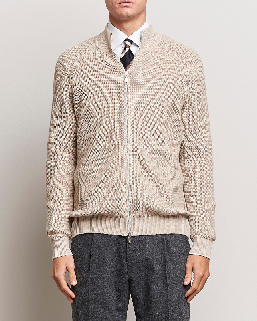 Uomini | Maglieria | Brunello Cucinelli | Rib Wool Zip Cardigan Light Beige