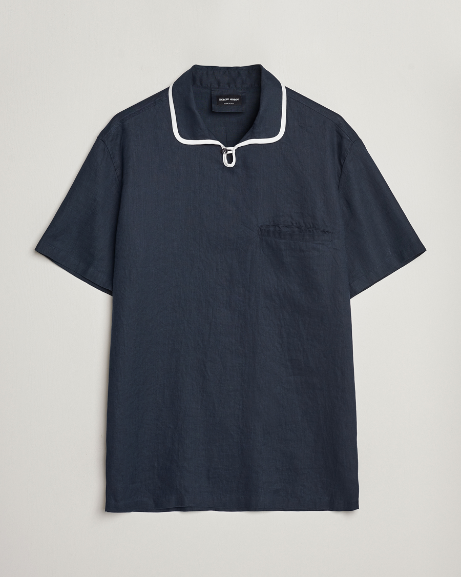 Uomini | Camicie | Giorgio Armani | Linen Guru Collar Short Sleeve Shirt Navy