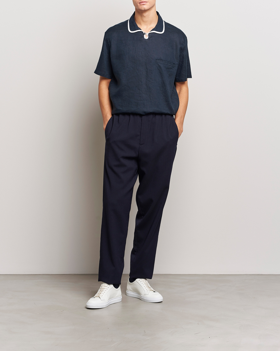 Uomini | Camicie | Giorgio Armani | Linen Guru Collar Short Sleeve Shirt Navy