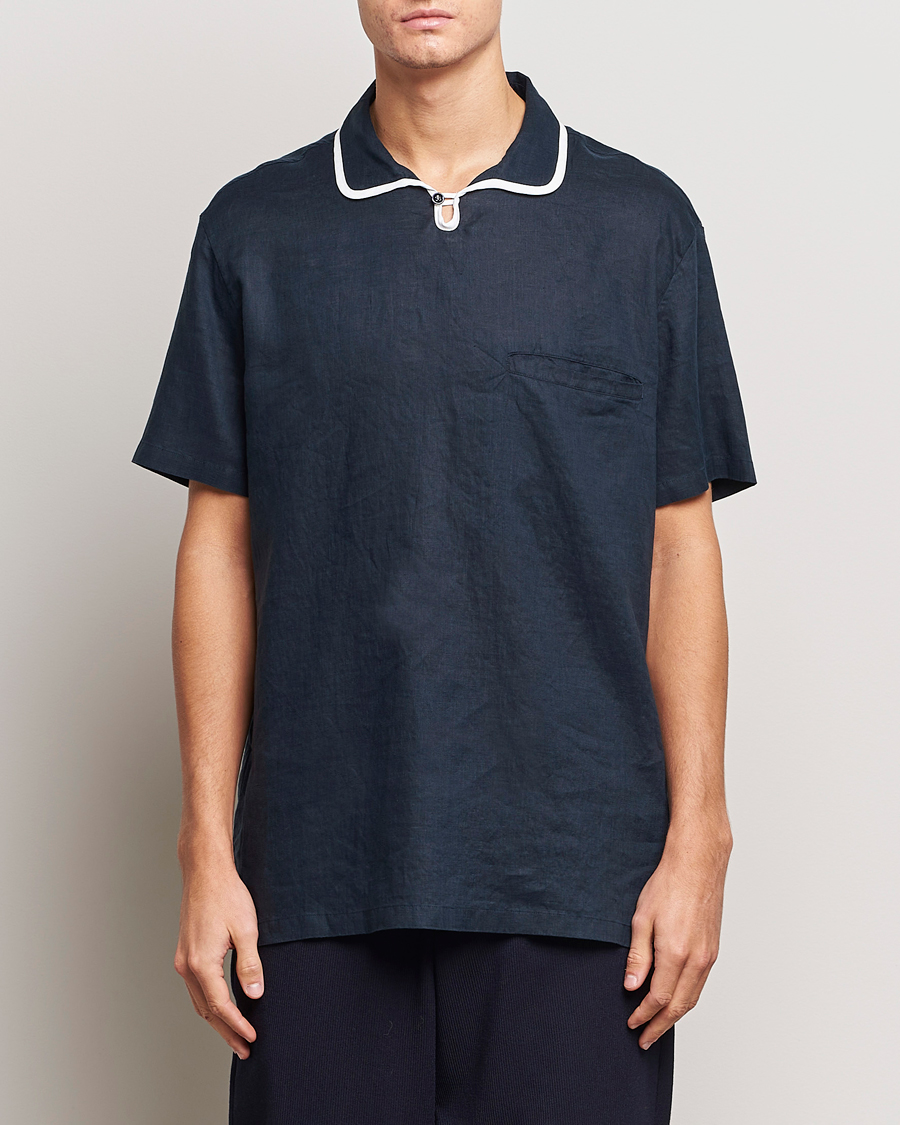 Uomini | Camicie | Giorgio Armani | Linen Guru Collar Short Sleeve Shirt Navy