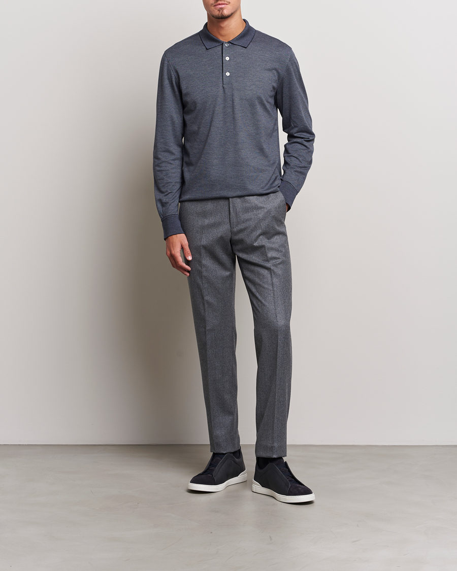 Uomini | Maglieria | Zegna | Cotton/Silk Long Sleeve Polo Dark Blue