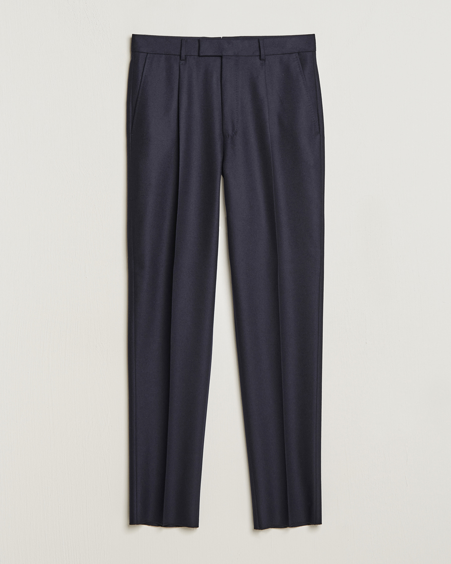 Uomini | Pantaloni | Zegna | Pleated Flannel Trousers Navy