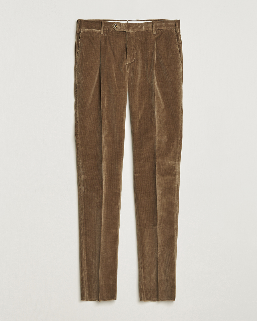Uomini | Pantaloni | PT01 | Slim Fit Pleated Corduroy Trousers Taupe