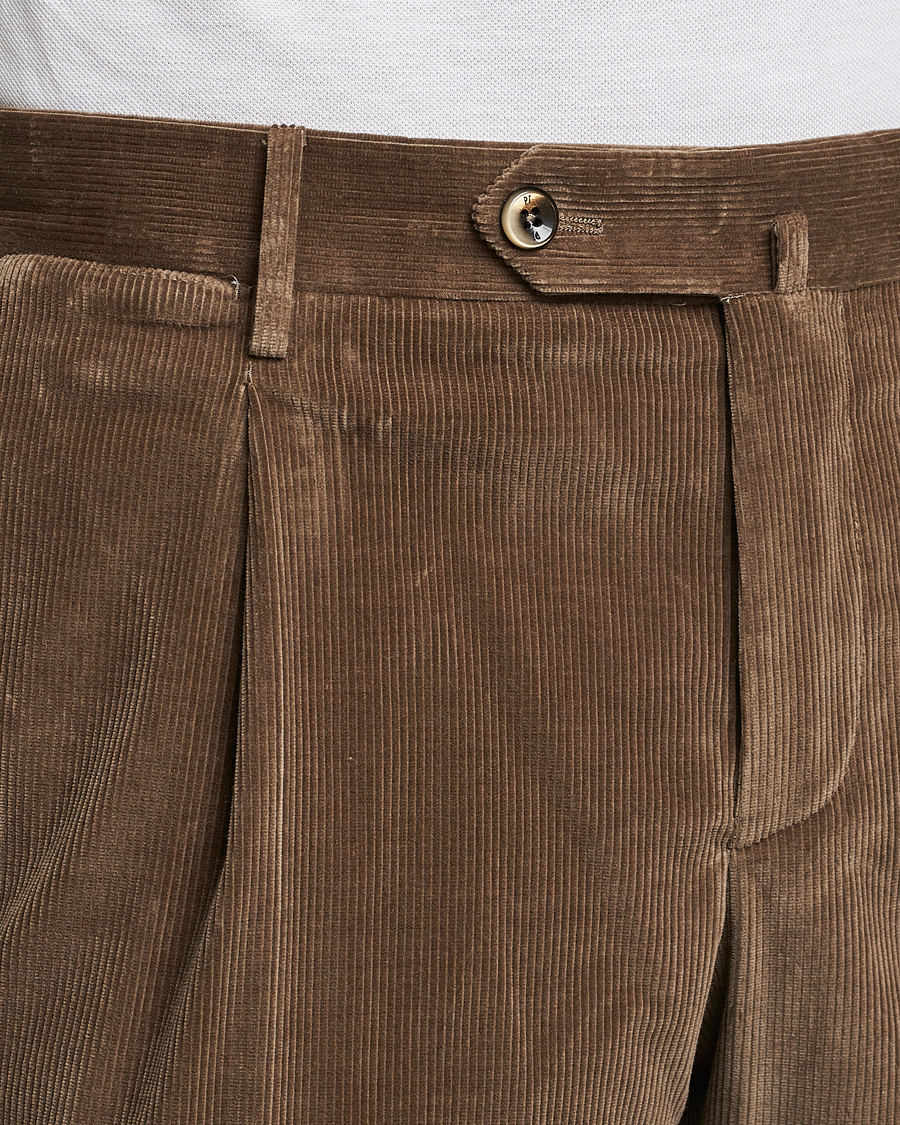 Uomini | Pantaloni | PT01 | Slim Fit Pleated Corduroy Trousers Taupe