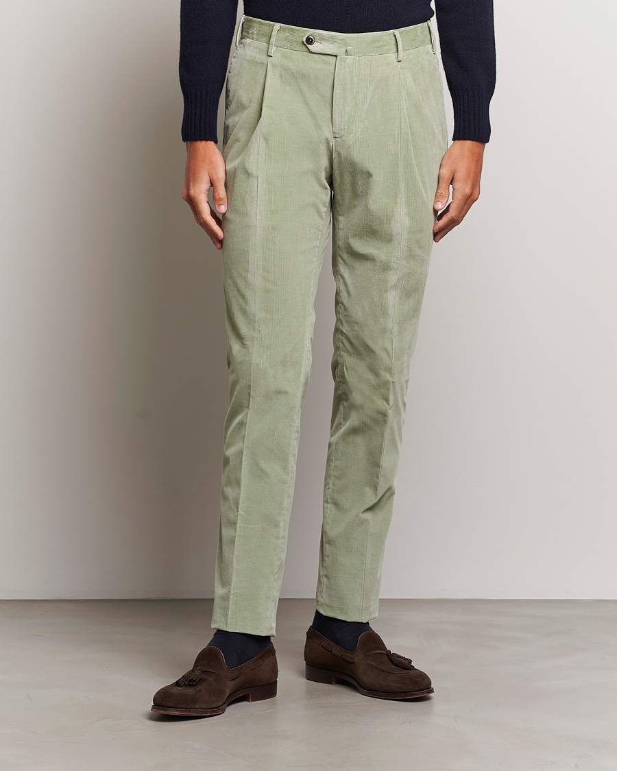 Uomini | Pantaloni | PT01 | Slim Fit Pleated Corduroy Trousers Mint