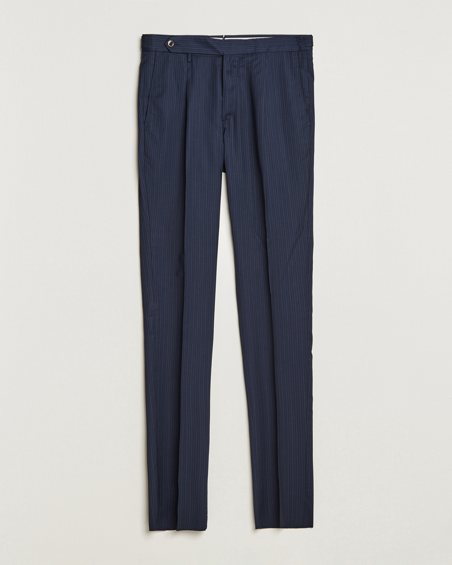 Uomini | Pantaloni | PT01 | Slim Fit Pleated Wool Trousers Navy Pin