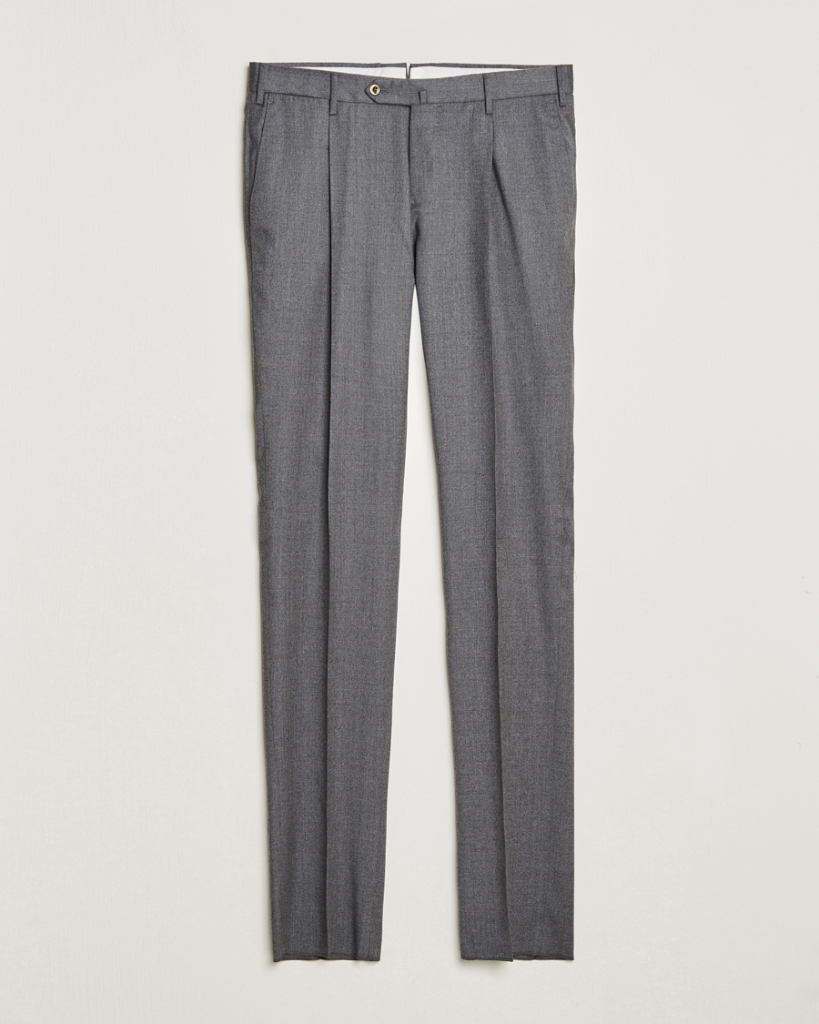 Uomini | Pantaloni | PT01 | Slim Fit Pleated Flannel Trousers Grey Melange