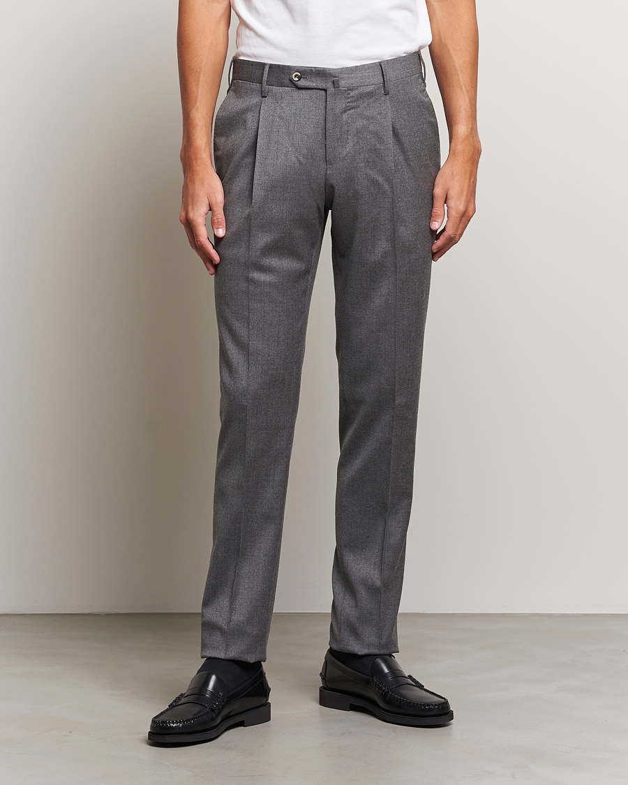 Uomini | Pantaloni | PT01 | Slim Fit Pleated Flannel Trousers Grey Melange
