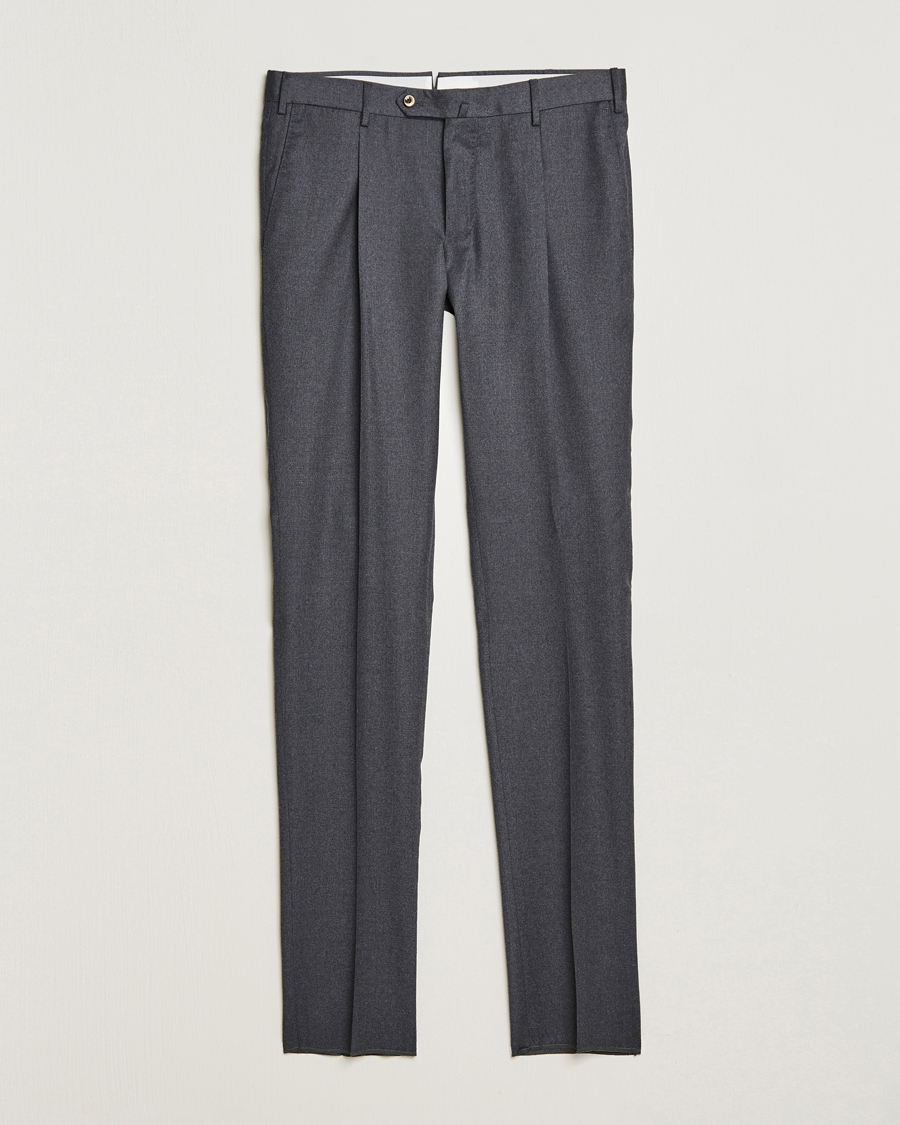 Uomini | Pantaloni | PT01 | Slim Fit Pleated Flannel Trousers Dark Grey