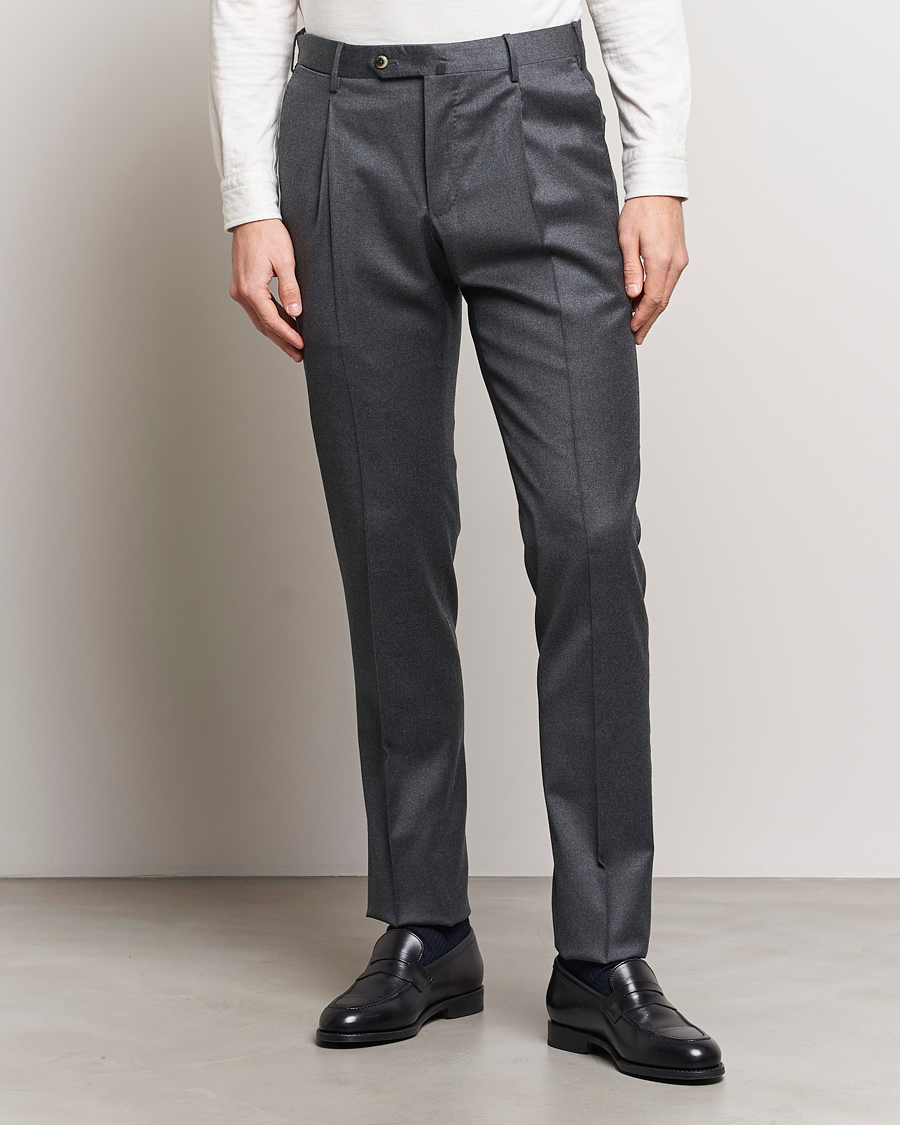 Uomini | Pantaloni | PT01 | Slim Fit Pleated Flannel Trousers Dark Grey