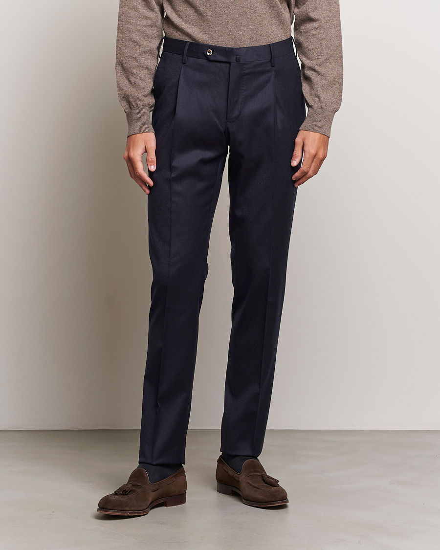 Uomini | Pantaloni | PT01 | Slim Fit Pleated Flannel Trousers Navy