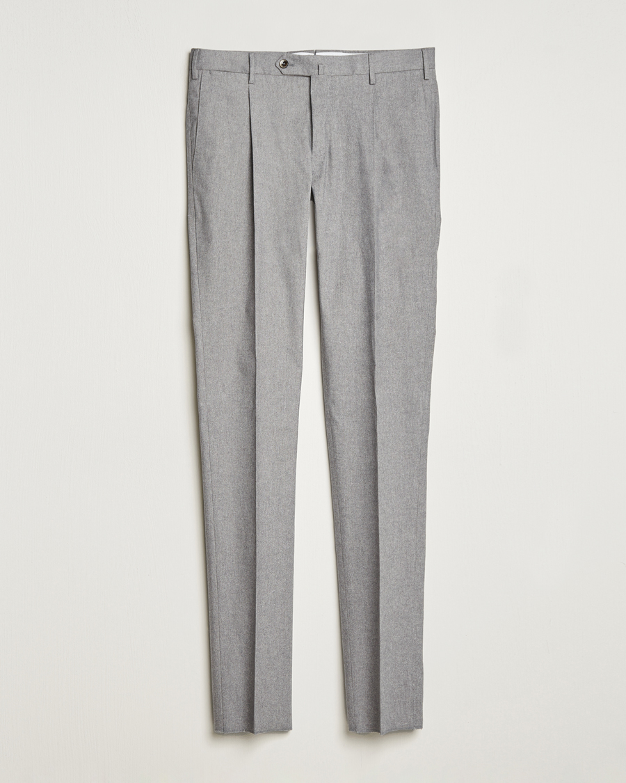 Uomini | Pantaloni | PT01 | Slim Fit Pleated Cotton Flannel Trousers Light Grey