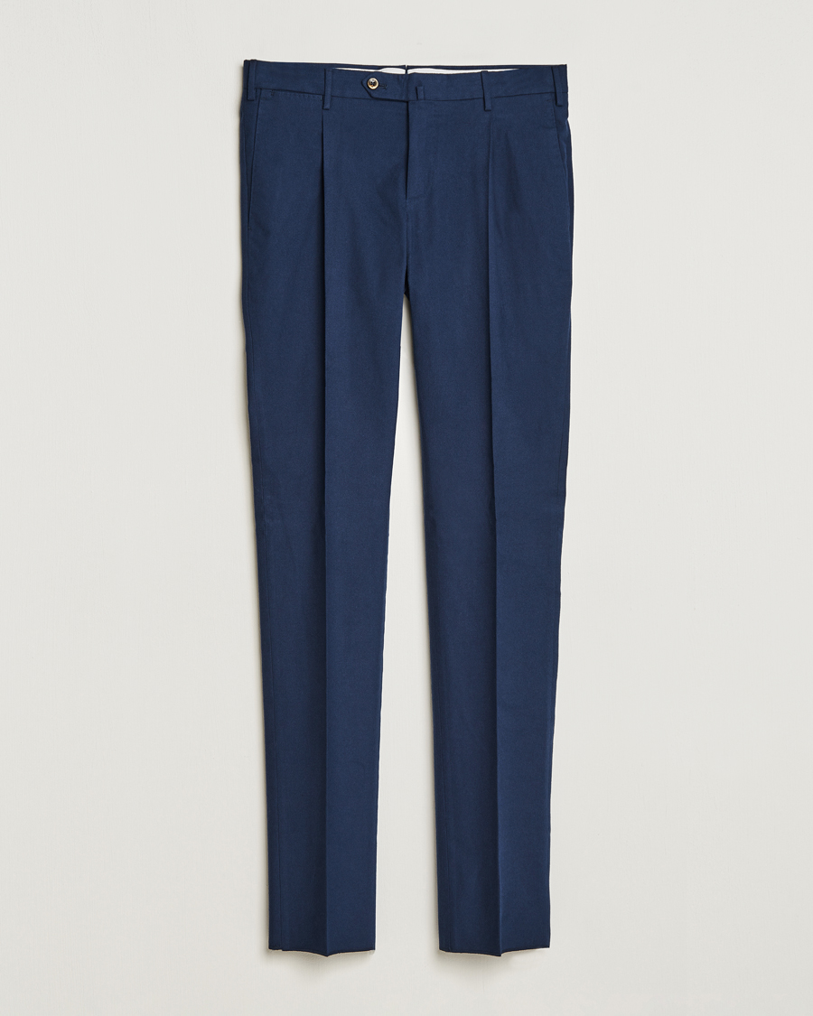 Uomini | Pantaloni | PT01 | Slim Fit Pleated Cotton Flannel Trousers Navy