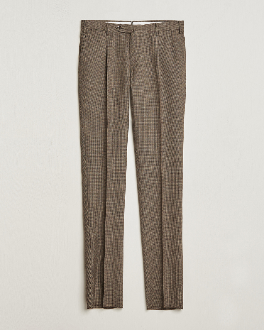 Uomini | Pantaloni | PT01 | Slim Fit Pleated Houndstooth Trousers Light Brown