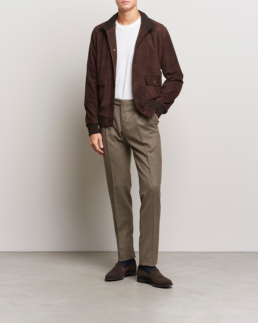 Uomini | Pantaloni | PT01 | Slim Fit Pleated Houndstooth Trousers Light Brown