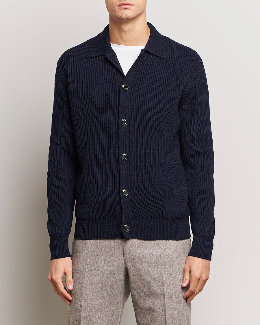 Uomini | Maglieria | Altea | Rib Wool Cardigan Navy