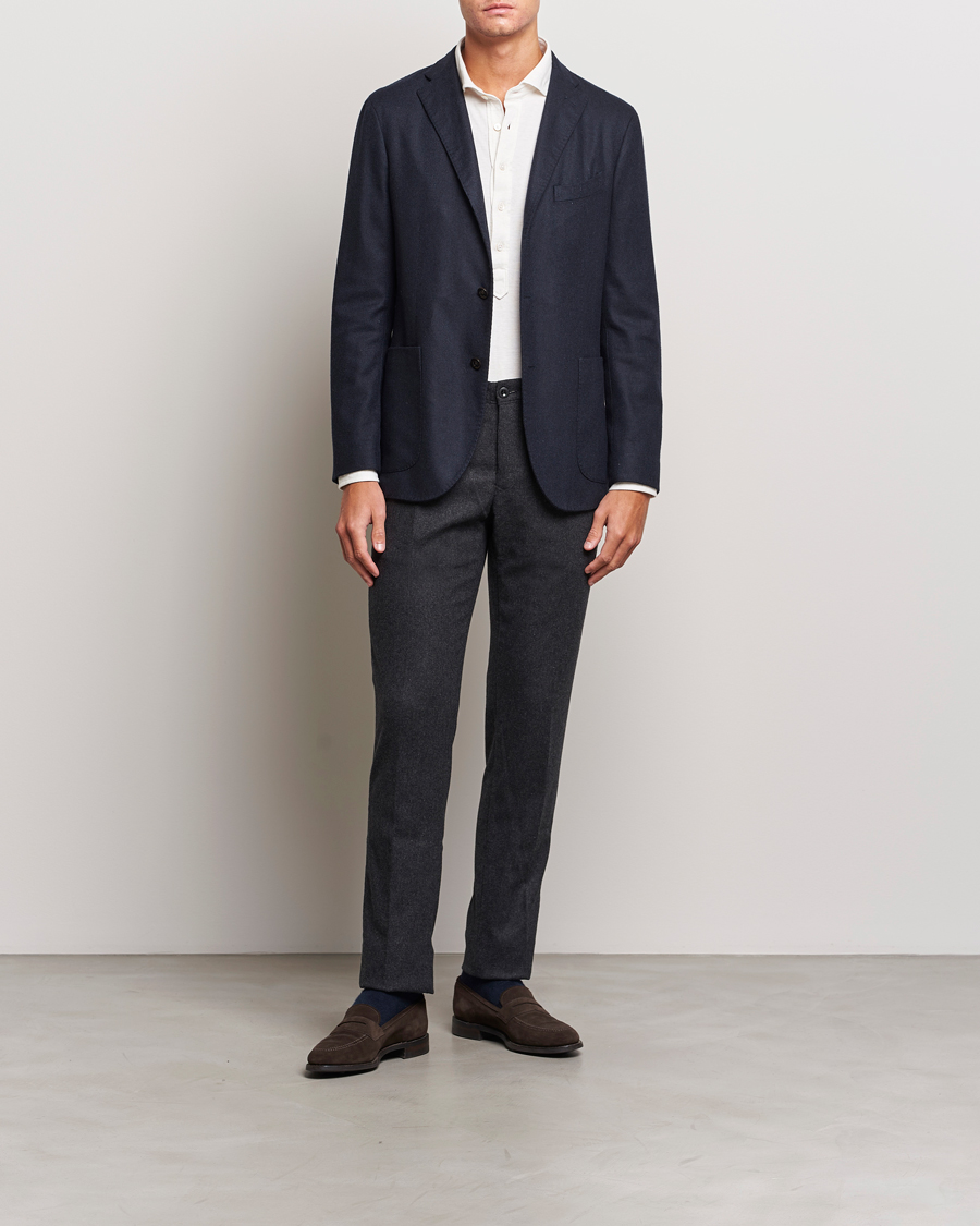 Uomini | Pantaloni | Incotex | Slim Fit Washed Flannel Stretch Slacks Dark Grey