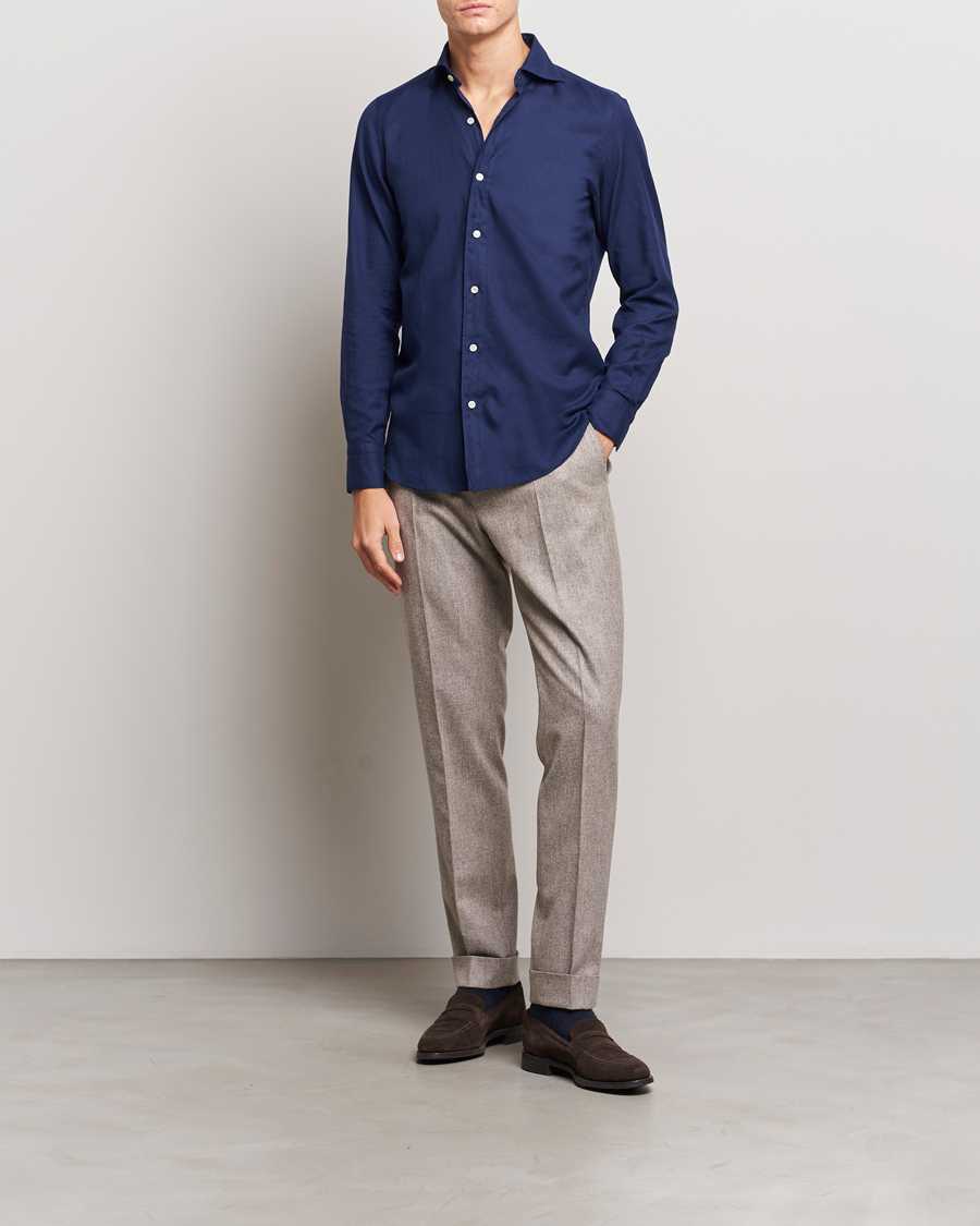 Uomini | Camicie | Finamore Napoli | Tokyo Slim Flannel Shirt Navy