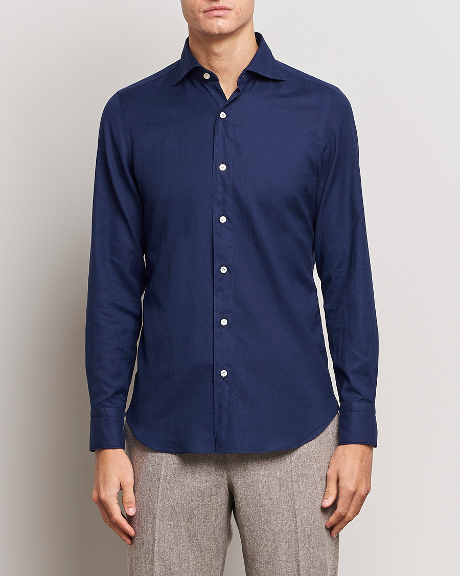 Uomini | Camicie | Finamore Napoli | Tokyo Slim Flannel Shirt Navy