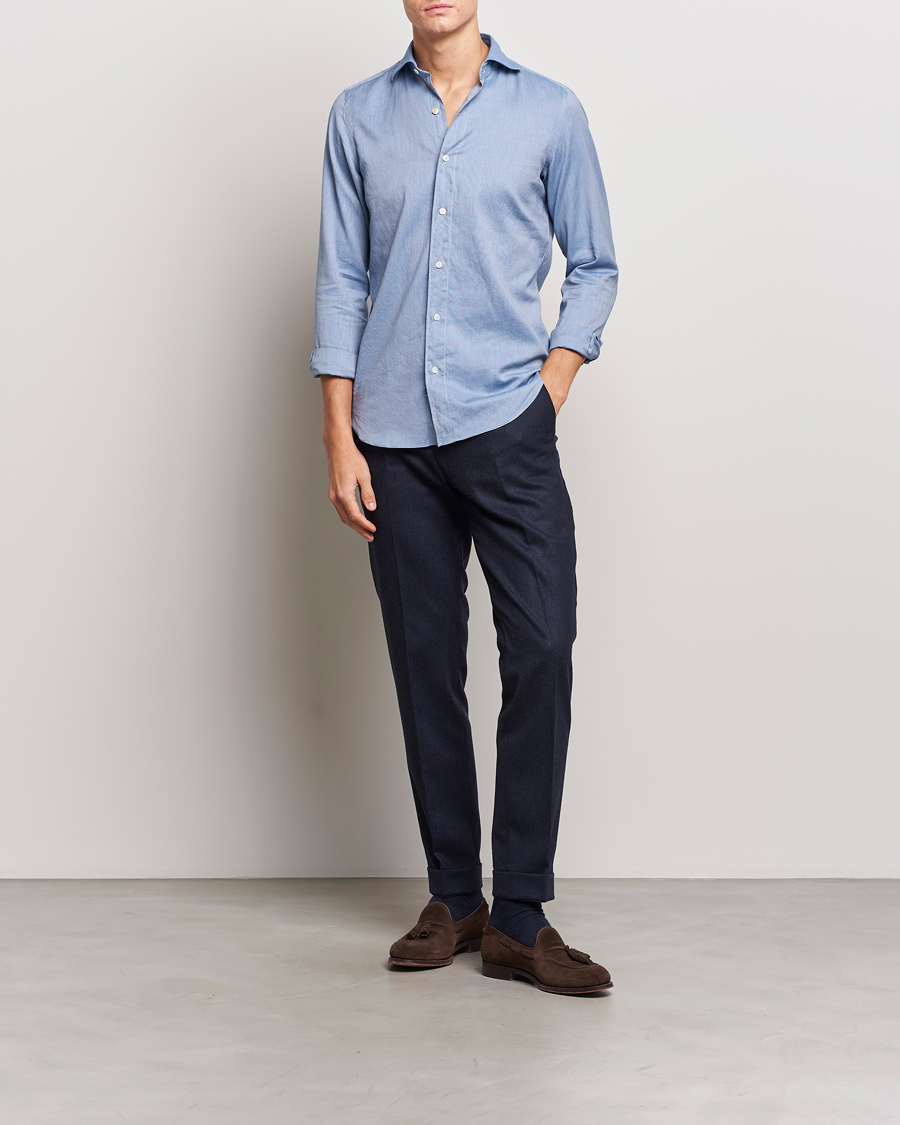 Uomini | Camicie | Finamore Napoli | Tokyo Slim Flannel Shirt Light Blue